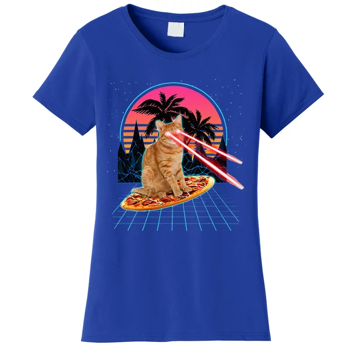 Cat Riding Pizza Laser Eyes 80s Cat In Space Cats Lovers Women's T-Shirt