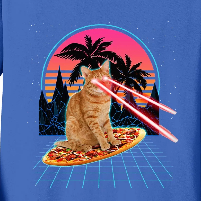 Cat Riding Pizza Laser Eyes 80s Cat In Space Cats Lovers Kids Long Sleeve Shirt