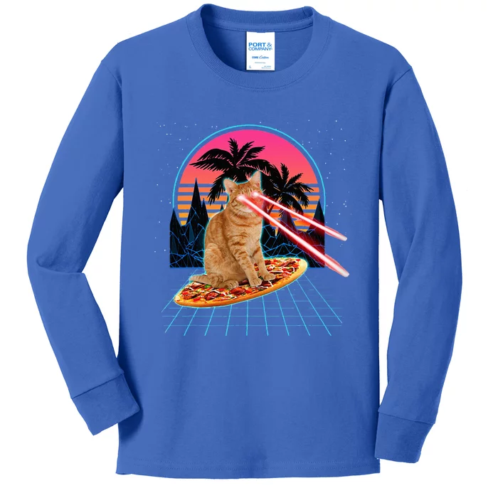 Cat Riding Pizza Laser Eyes 80s Cat In Space Cats Lovers Kids Long Sleeve Shirt