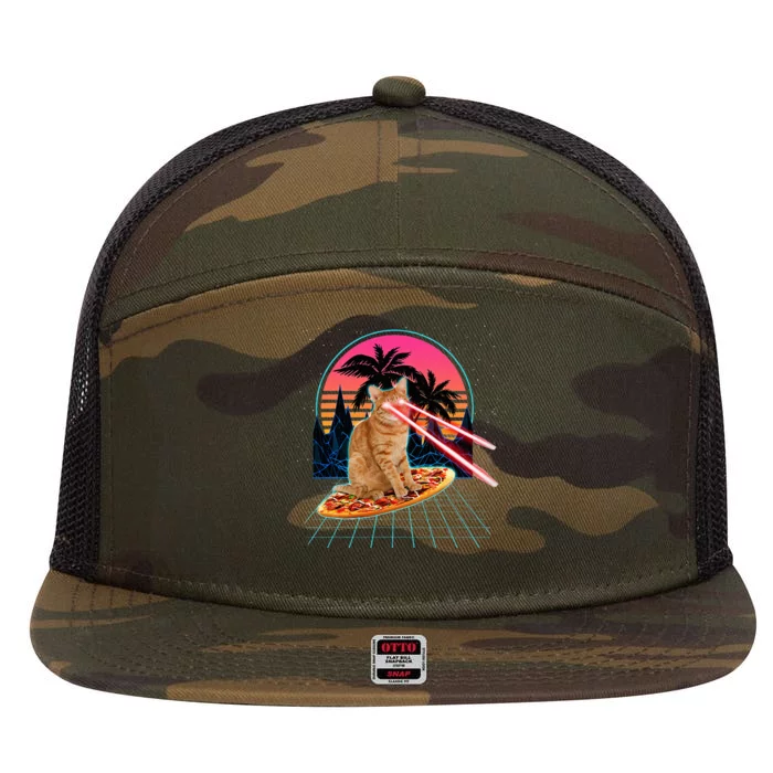 Cat Riding Pizza Laser Eyes 80s Cat In Space Cats Lovers 7 Panel Mesh Trucker Snapback Hat