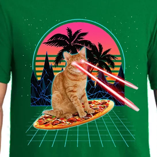 Cat Riding Pizza Laser Eyes 80s Cat In Space Cats Lovers Pajama Set