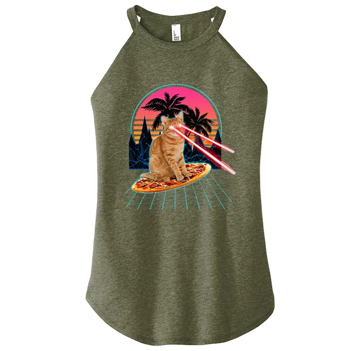 Cat Riding Pizza Laser Eyes 80s Cat In Space Cats Lovers Women’s Perfect Tri Rocker Tank