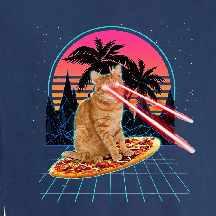 Cat Riding Pizza Laser Eyes 80s Cat In Space Cats Lovers Garment-Dyed Sweatshirt