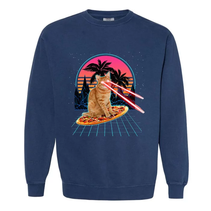 Cat Riding Pizza Laser Eyes 80s Cat In Space Cats Lovers Garment-Dyed Sweatshirt