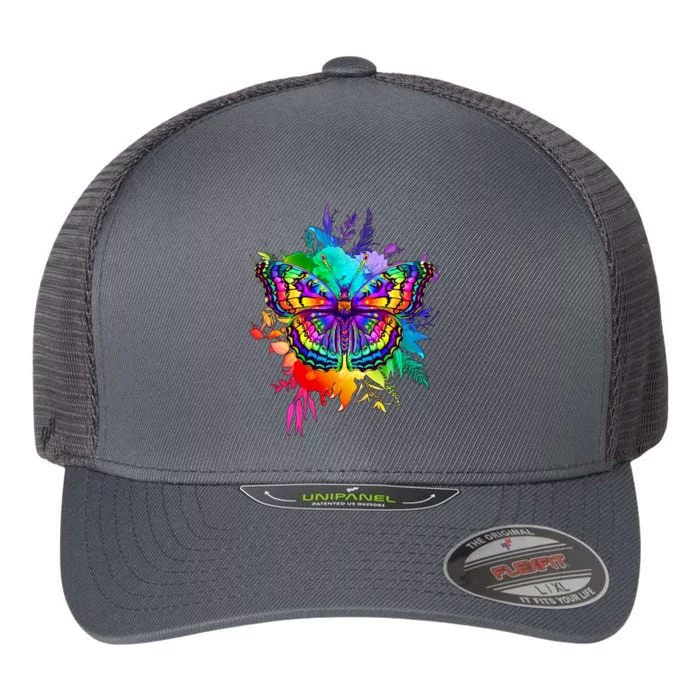 Colorful Rainbow Painted Butterfly Flowers Flexfit Unipanel Trucker Cap