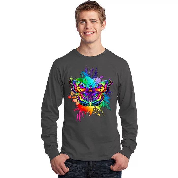 Colorful Rainbow Painted Butterfly Flowers Long Sleeve Shirt