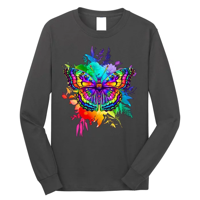 Colorful Rainbow Painted Butterfly Flowers Long Sleeve Shirt