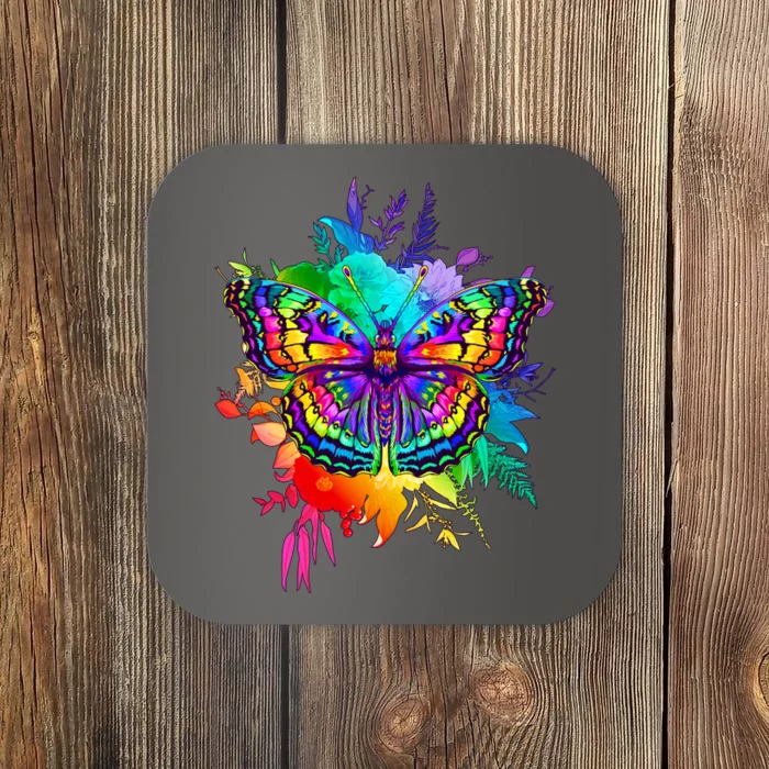 Colorful Rainbow Painted Butterfly Flowers Coaster