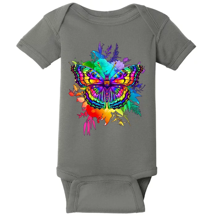 Colorful Rainbow Painted Butterfly Flowers Baby Bodysuit