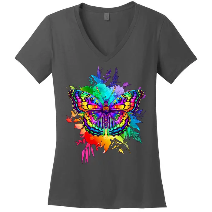 Colorful Rainbow Painted Butterfly Flowers Women's V-Neck T-Shirt