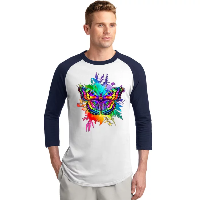 Colorful Rainbow Painted Butterfly Flowers Baseball Sleeve Shirt