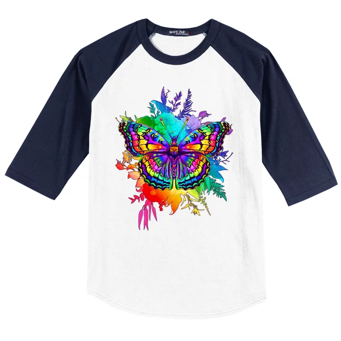 Colorful Rainbow Painted Butterfly Flowers Baseball Sleeve Shirt