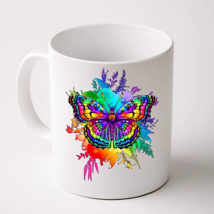 Colorful Rainbow Painted Butterfly Flowers Front & Back Coffee Mug