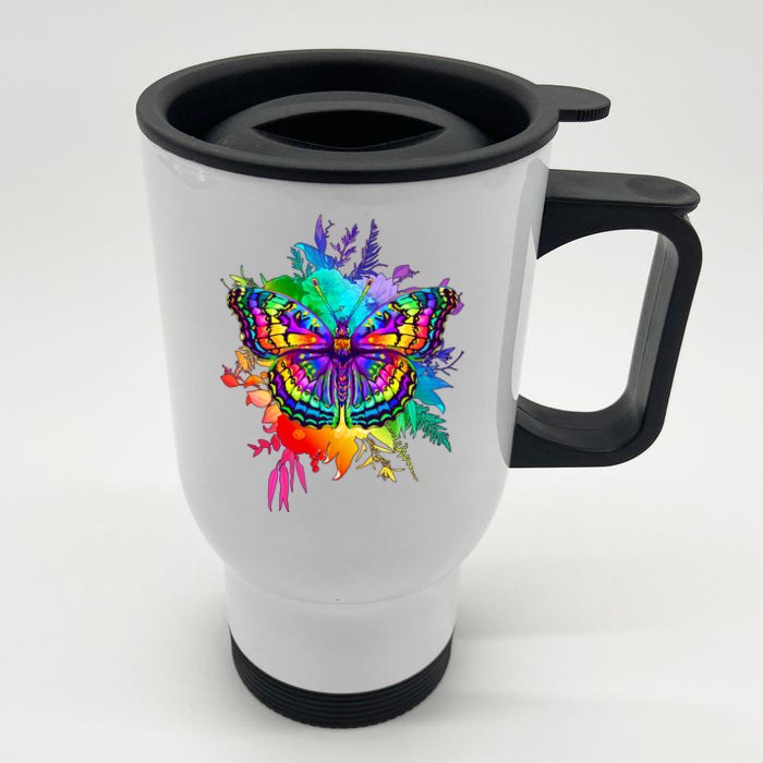 Colorful Rainbow Painted Butterfly Flowers Front & Back Stainless Steel Travel Mug