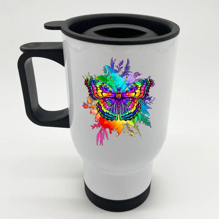 Colorful Rainbow Painted Butterfly Flowers Front & Back Stainless Steel Travel Mug