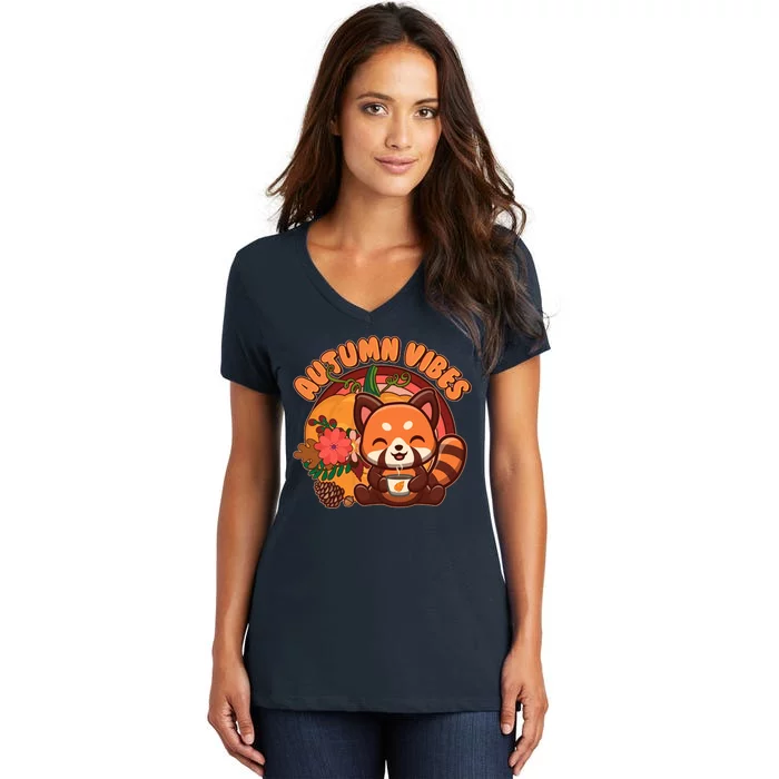 Cute Red Panda Autumn Vibes Women's V-Neck T-Shirt