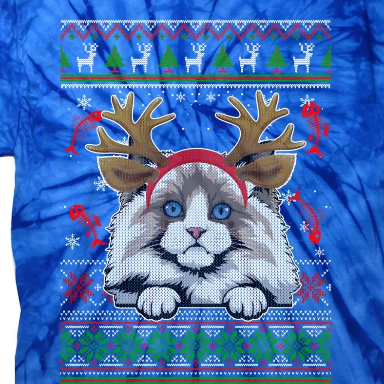 Cute Reindeer Ragdoll Cat Xmas Lights Ugly Christmas Sweater Cute Gift Tie-Dye T-Shirt