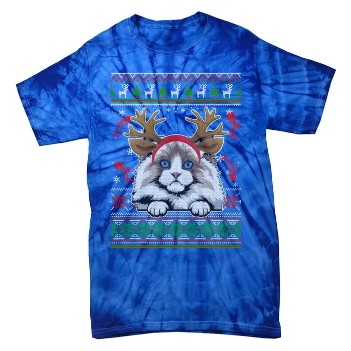 Cute Reindeer Ragdoll Cat Xmas Lights Ugly Christmas Sweater Cute Gift Tie-Dye T-Shirt