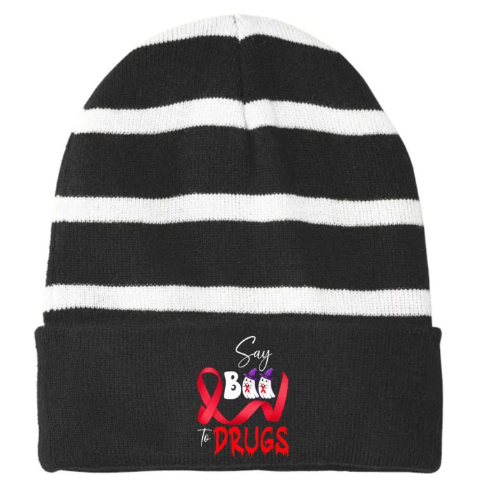 Cute Red Ribbon Week Say BOO To Drugs Halloween Striped Beanie with Solid Band