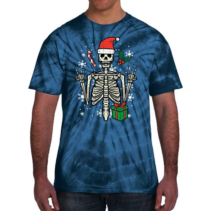 Christmas Rocker Skeleton Santa Rock Hand Xmas Tie-Dye T-Shirt