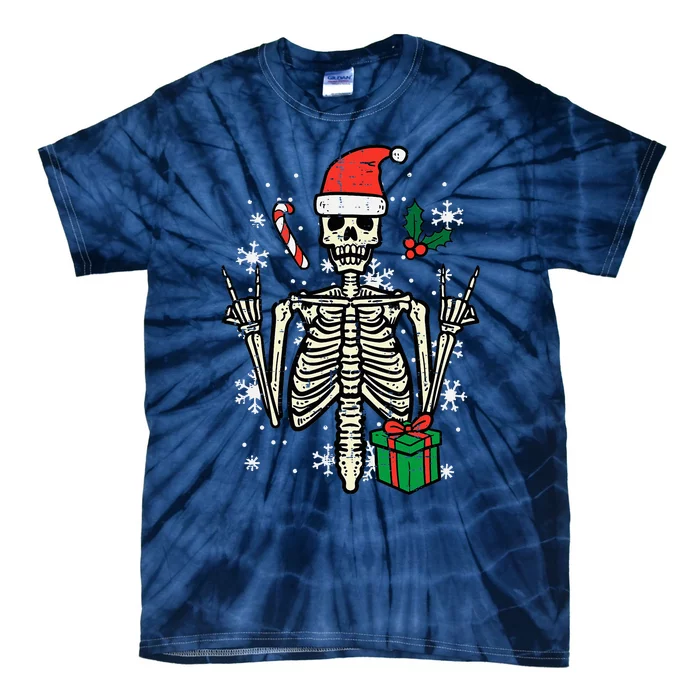 Christmas Rocker Skeleton Santa Rock Hand Xmas Tie-Dye T-Shirt