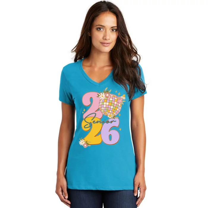 Cute Retro Senior 2026 Disco Ball Flowers Graduate Graduation Women's V-Neck T-Shirt