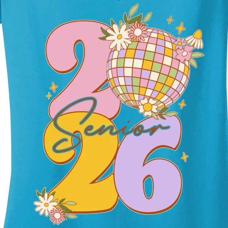 Cute Retro Senior 2026 Disco Ball Flowers Graduate Graduation Women's V-Neck T-Shirt