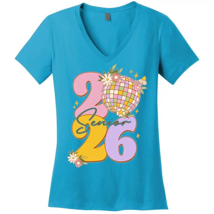 Cute Retro Senior 2026 Disco Ball Flowers Graduate Graduation Women's V-Neck T-Shirt