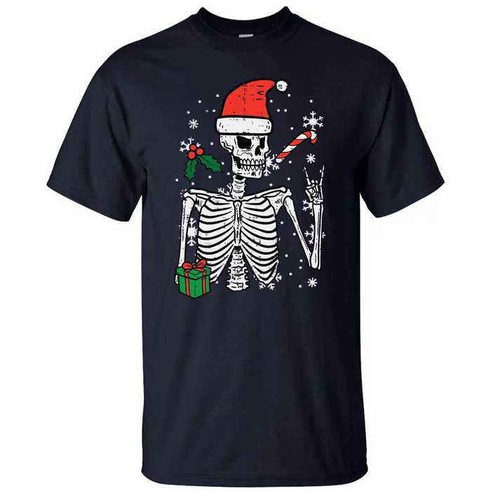 Christmas Rocker Skeleton Santa Rock Hand Xmas Funny Cute Tall T-Shirt