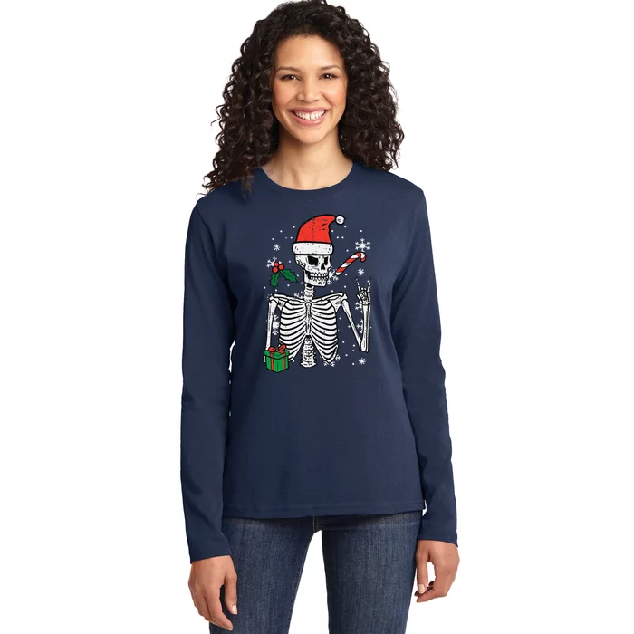 Christmas Rocker Skeleton Santa Rock Hand Xmas Funny Cute Ladies Long Sleeve Shirt