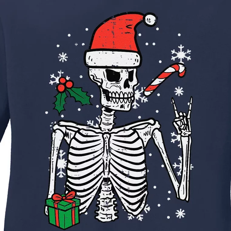 Christmas Rocker Skeleton Santa Rock Hand Xmas Funny Cute Ladies Long Sleeve Shirt