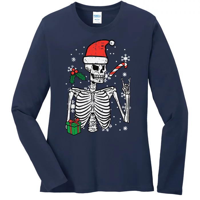 Christmas Rocker Skeleton Santa Rock Hand Xmas Funny Cute Ladies Long Sleeve Shirt