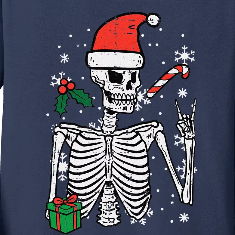 Christmas Rocker Skeleton Santa Rock Hand Xmas Funny Cute Kids Long Sleeve Shirt