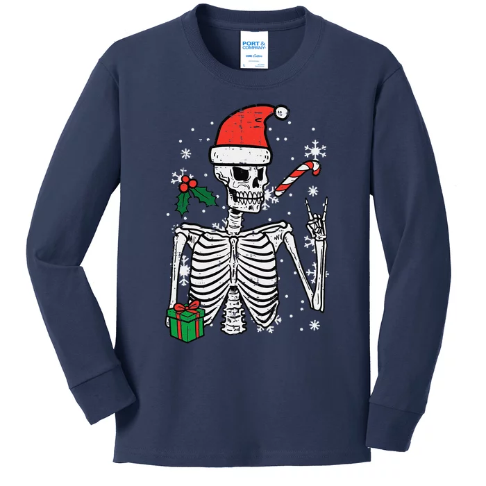 Christmas Rocker Skeleton Santa Rock Hand Xmas Funny Cute Kids Long Sleeve Shirt