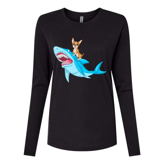 Chihuahua Riding Shark Womens Cotton Relaxed Long Sleeve T-Shirt