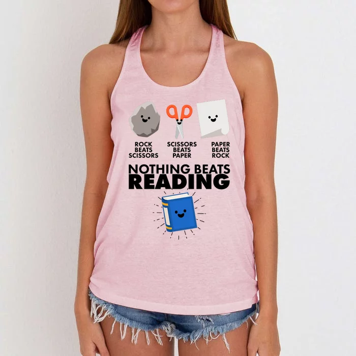 Cute Rock Scissors Paper Nothing Beats Reading Women's Knotted Racerback Tank