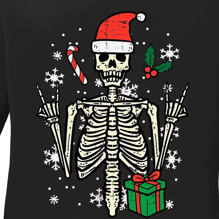 Christmas Rocker Skeleton Santa Rock Hand Xmas Ladies Long Sleeve Shirt