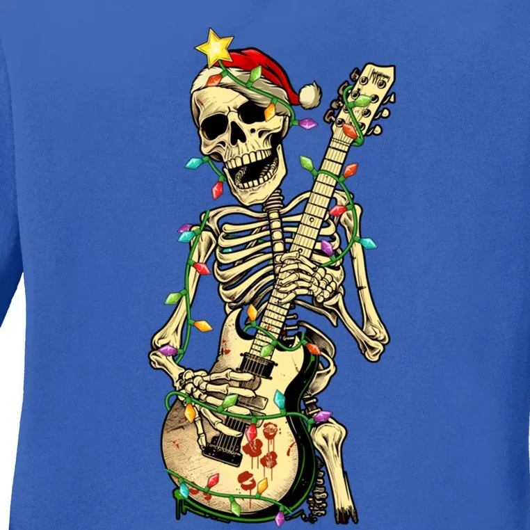 Christmas Rocker Skeleton Santa Rock Hand Xmas Great Gift Ladies Long Sleeve Shirt