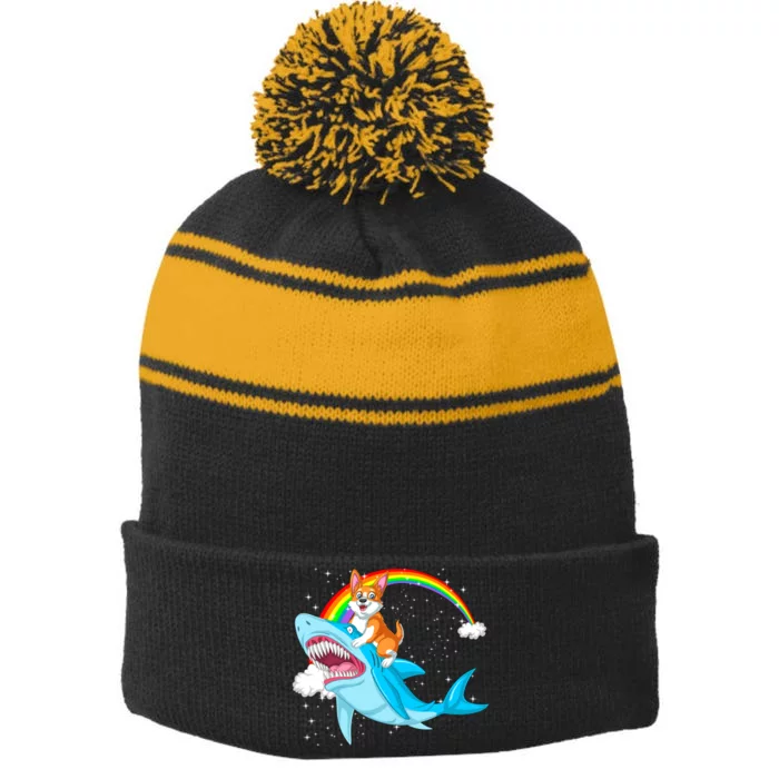 Corgi Riding Shark Stripe Pom Pom Beanie