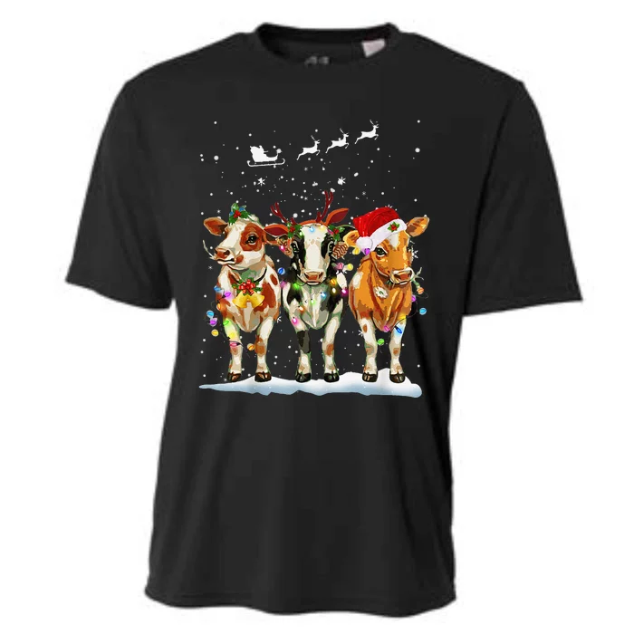 Cow Reindeer Santa Hat Christmas Light Funny Cows Lover Xmas Cooling Performance Crew T-Shirt