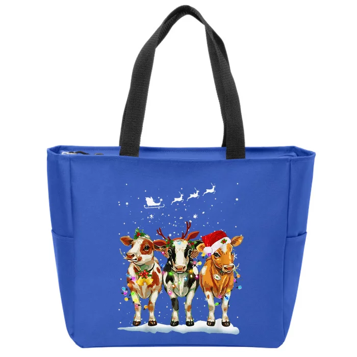 Cow Reindeer Santa Hat Christmas Light Funny Cows Lover Xmas Zip Tote Bag