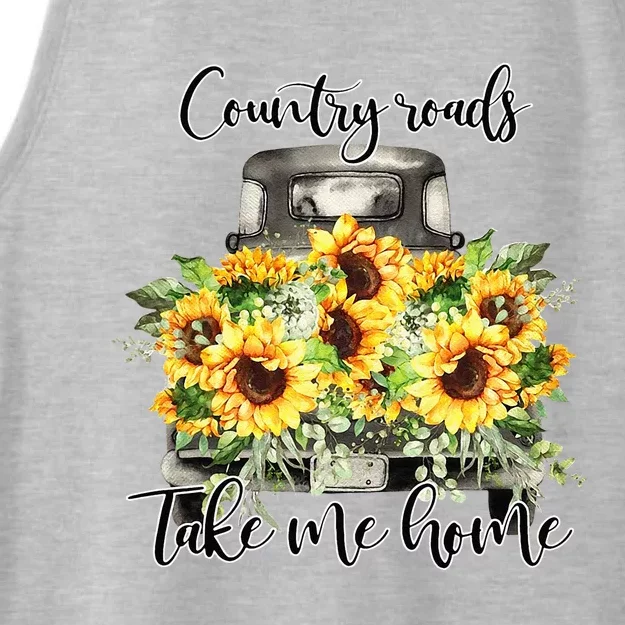 Country Roads Sunflowers Truck Country Vibe Take Me Home Ladies Tri-Blend Wicking Tank