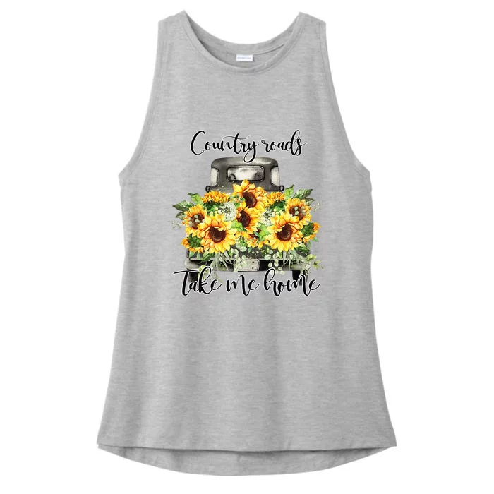 Country Roads Sunflowers Truck Country Vibe Take Me Home Ladies Tri-Blend Wicking Tank