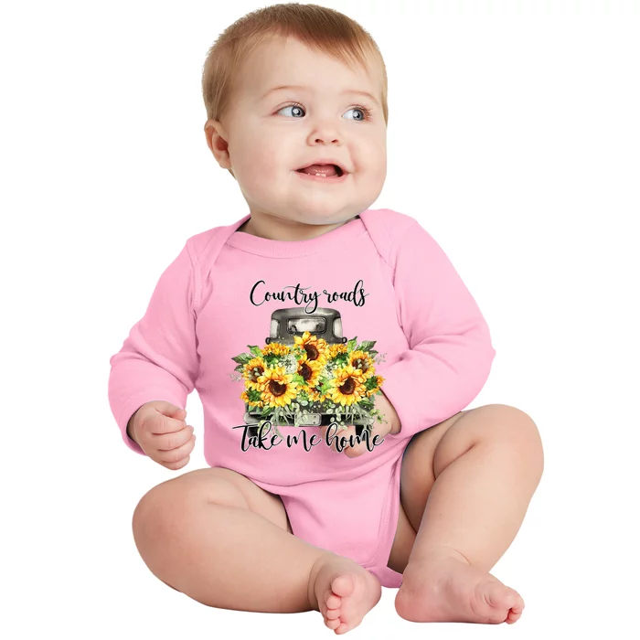 Country Roads Sunflowers Truck Country Vibe Take Me Home Baby Long Sleeve Bodysuit