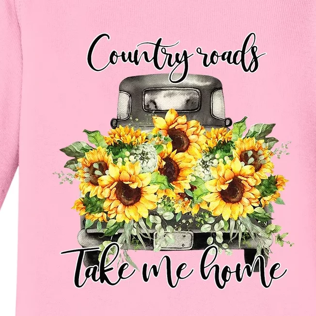 Country Roads Sunflowers Truck Country Vibe Take Me Home Baby Long Sleeve Bodysuit