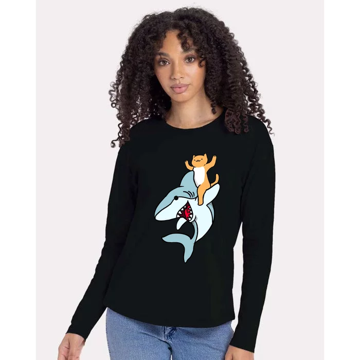 Cat Riding Shark Womens Cotton Relaxed Long Sleeve T-Shirt