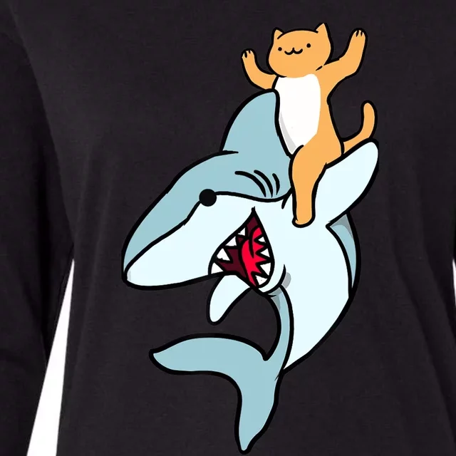 Cat Riding Shark Womens Cotton Relaxed Long Sleeve T-Shirt