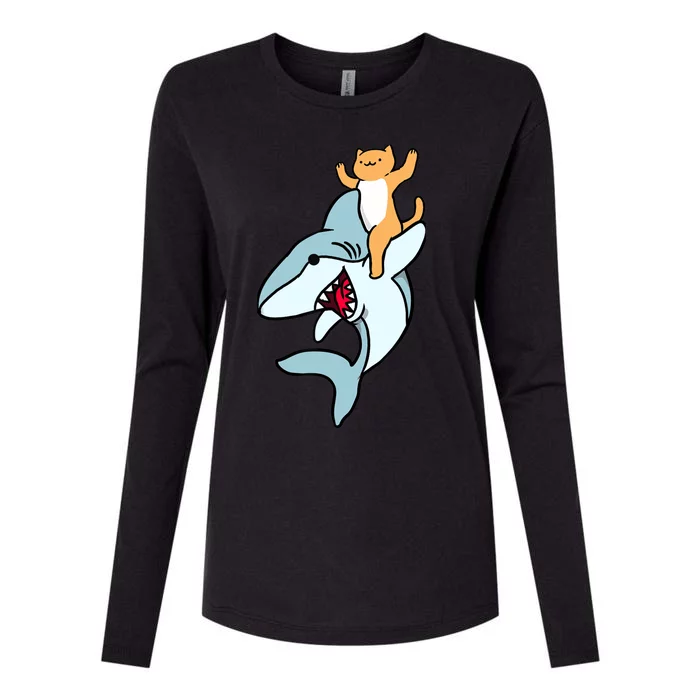 Cat Riding Shark Womens Cotton Relaxed Long Sleeve T-Shirt