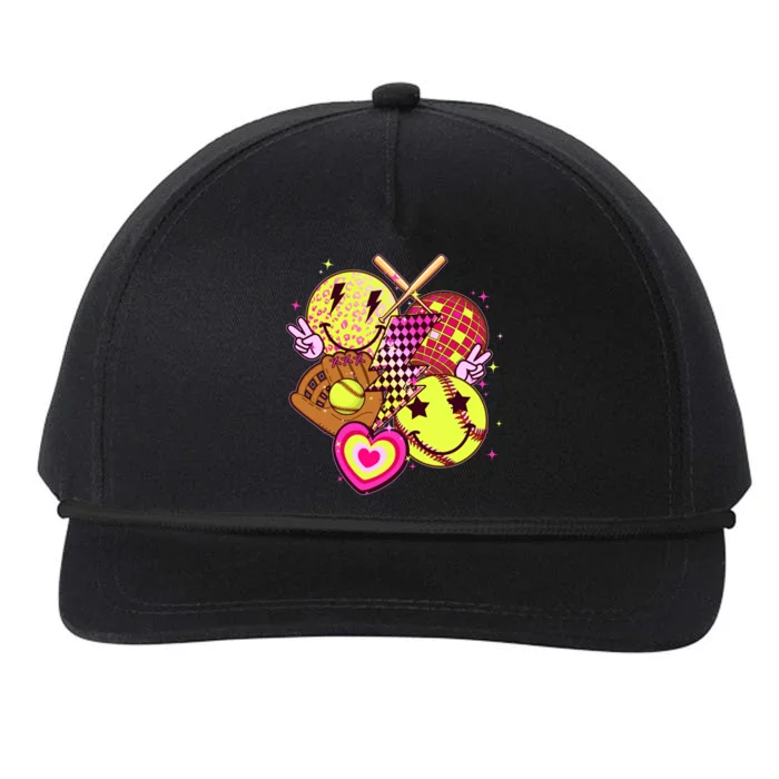 Cute Retro Softball Baseball Smiley Emoji Snapback Five-Panel Rope Hat