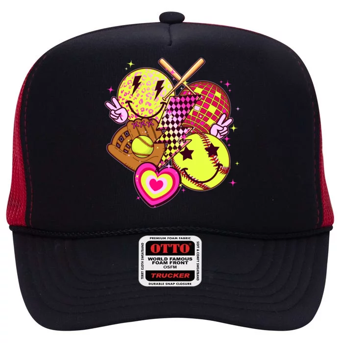 Cute Retro Softball Baseball Smiley Emoji High Crown Mesh Trucker Hat